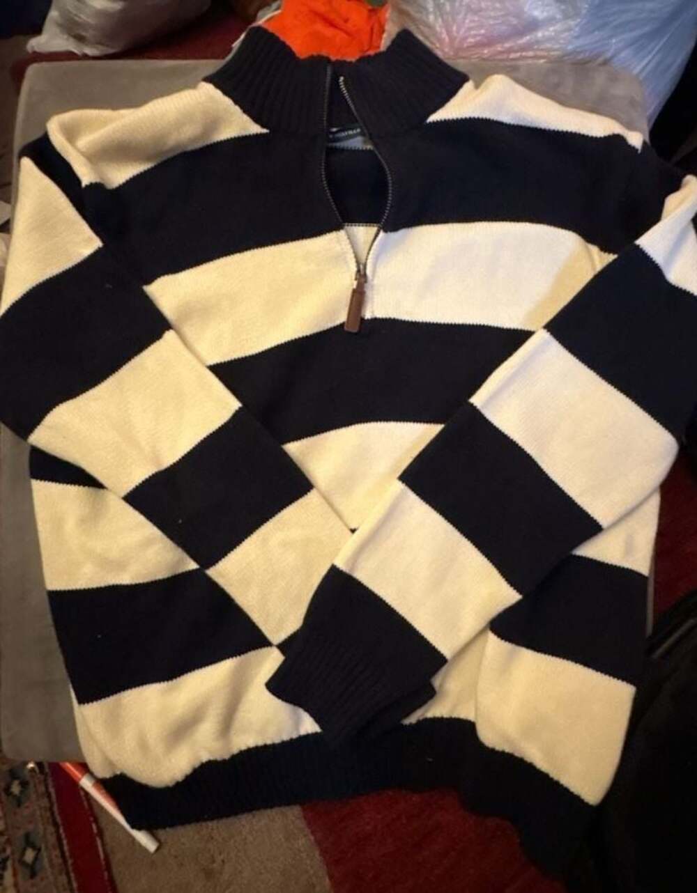 Brandy red & blue striped sweater, never worn -...